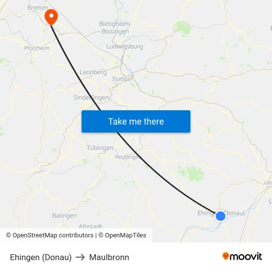 Ehingen (Donau) to Maulbronn map