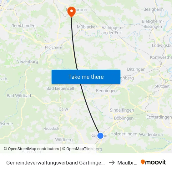 Gemeindeverwaltungsverband Gärtringen/Ehningen to Maulbronn map