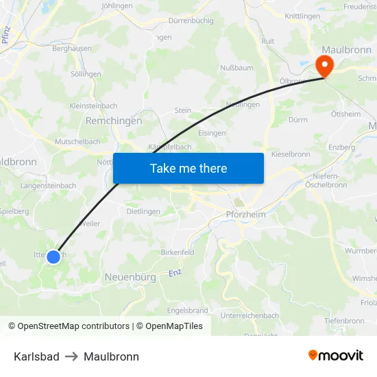 Karlsbad to Maulbronn map