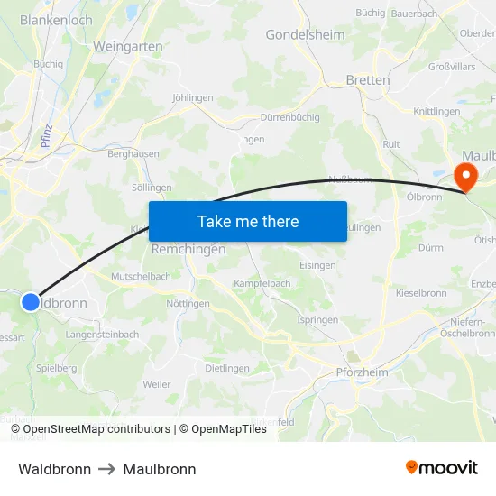 Waldbronn to Maulbronn map