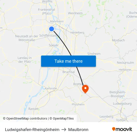 Ludwigshafen-Rheingönheim to Maulbronn map