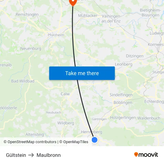 Gültstein to Maulbronn map