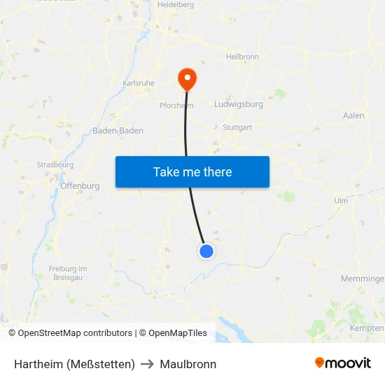 Hartheim (Meßstetten) to Maulbronn map