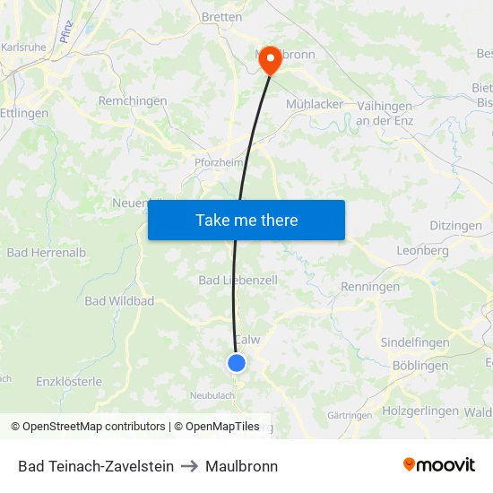 Bad Teinach-Zavelstein to Maulbronn map