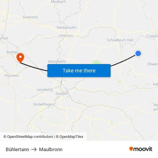 Bühlertann to Maulbronn map