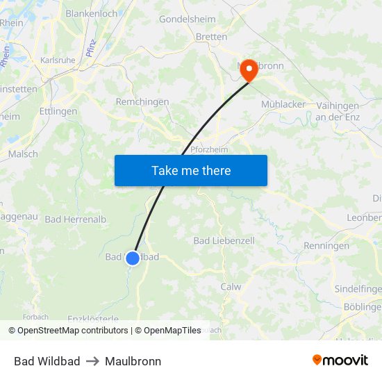 Bad Wildbad to Maulbronn map