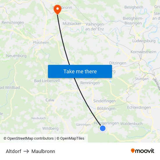 Altdorf to Maulbronn map