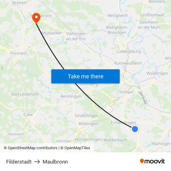 Filderstadt to Maulbronn map