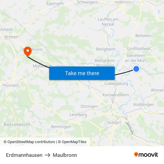 Erdmannhausen to Maulbronn map