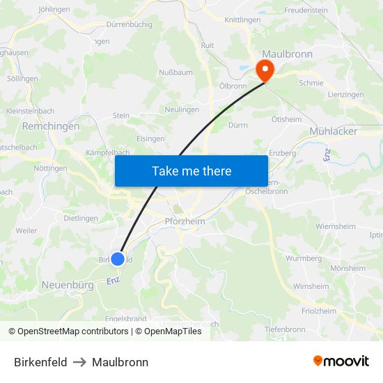 Birkenfeld to Maulbronn map