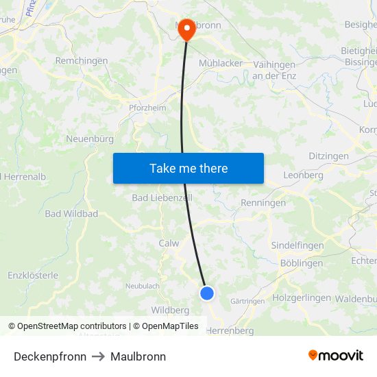 Deckenpfronn to Maulbronn map