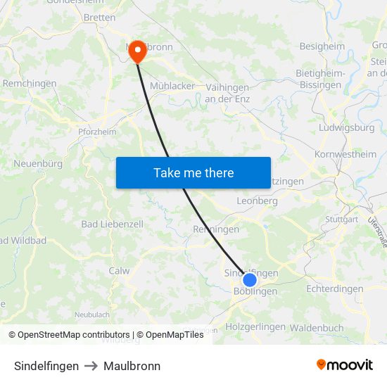 Sindelfingen to Maulbronn map