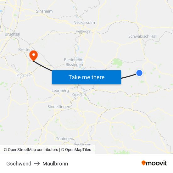 Gschwend to Maulbronn map