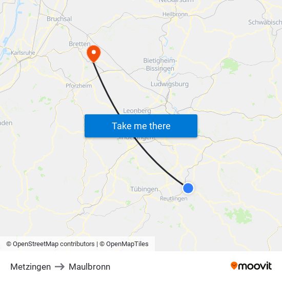 Metzingen to Maulbronn map