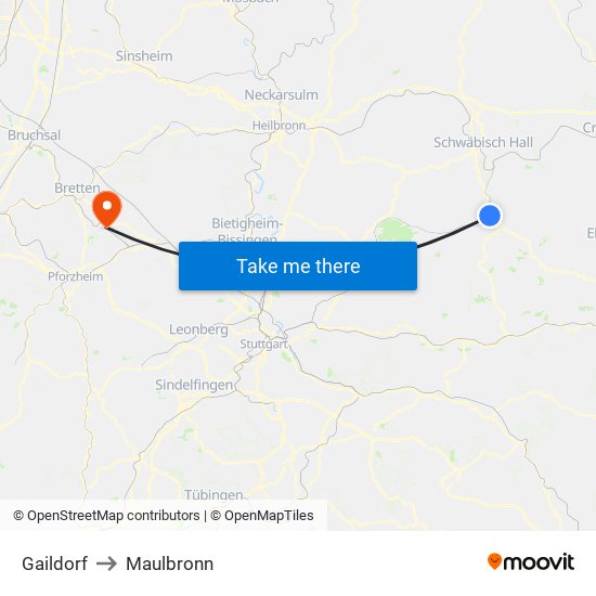 Gaildorf to Maulbronn map