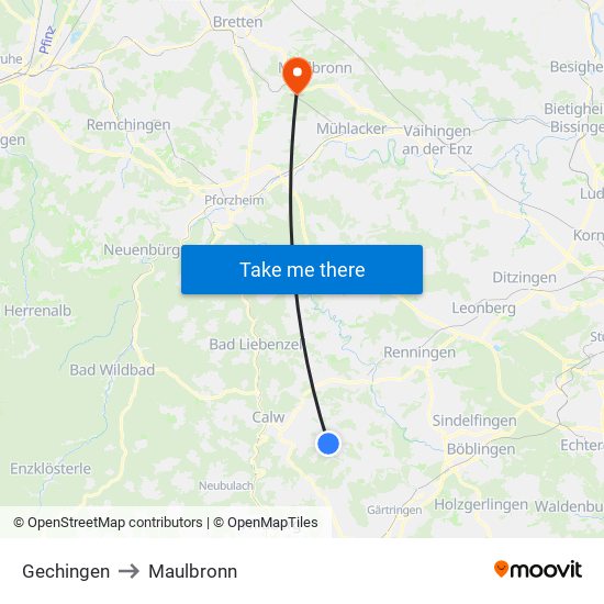 Gechingen to Maulbronn map