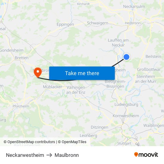 Neckarwestheim to Maulbronn map