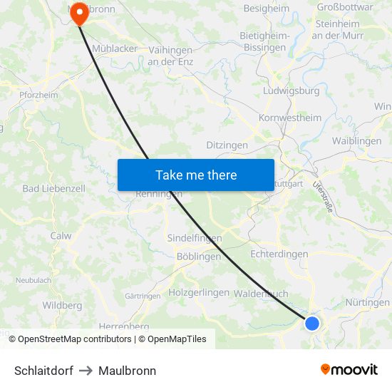 Schlaitdorf to Maulbronn map