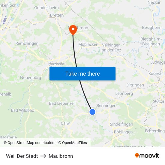 Weil Der Stadt to Maulbronn map