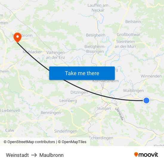 Weinstadt to Maulbronn map