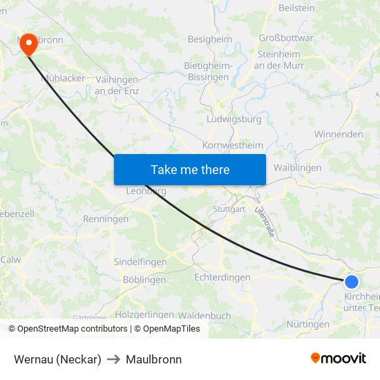 Wernau (Neckar) to Maulbronn map