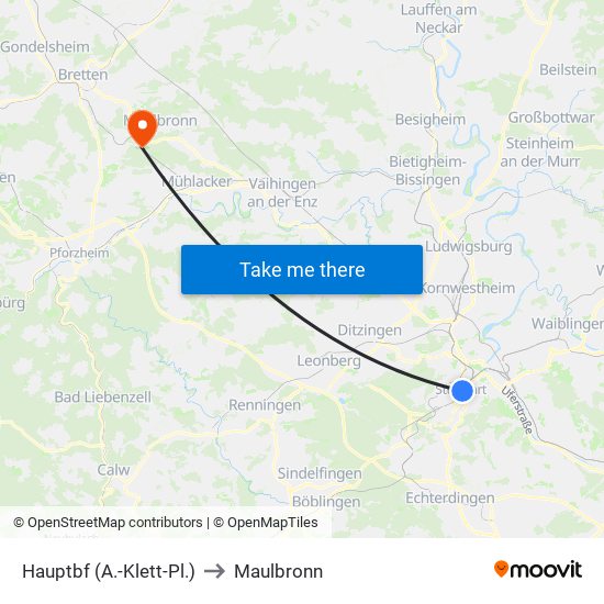 Hauptbf (A.-Klett-Pl.) to Maulbronn map