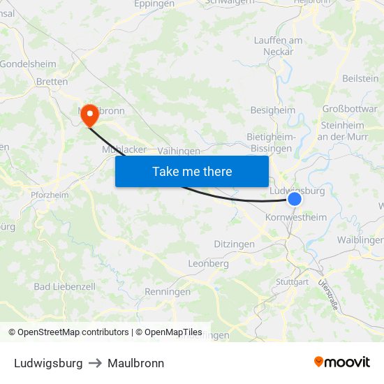 Ludwigsburg to Maulbronn map