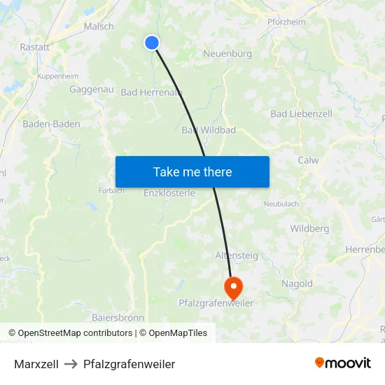Marxzell to Pfalzgrafenweiler map
