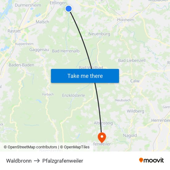 Waldbronn to Pfalzgrafenweiler map