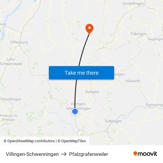 Villingen-Schwenningen to Pfalzgrafenweiler map