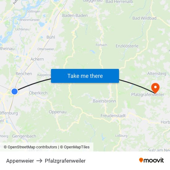 Appenweier to Pfalzgrafenweiler map