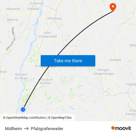 Müllheim to Pfalzgrafenweiler map