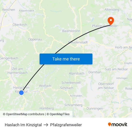 Haslach Im Kinzigtal to Pfalzgrafenweiler map