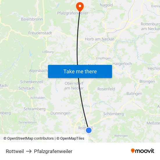 Rottweil to Pfalzgrafenweiler map