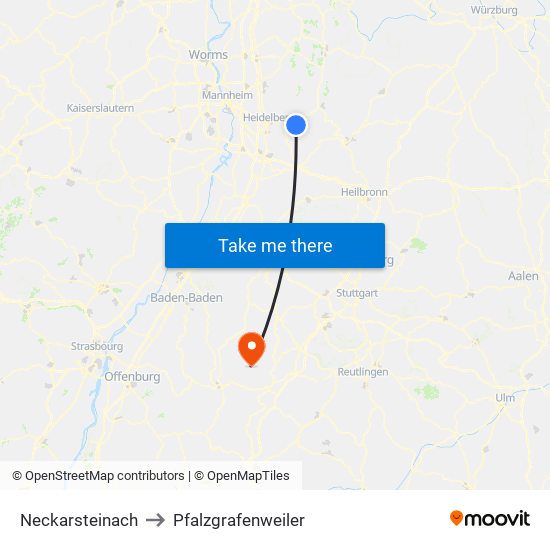 Neckarsteinach to Pfalzgrafenweiler map