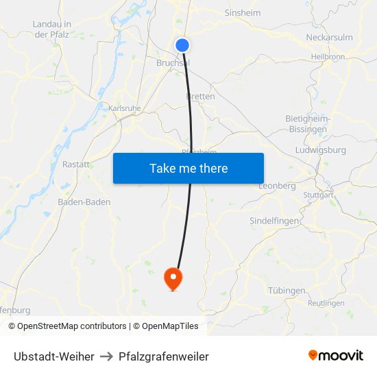 Ubstadt-Weiher to Pfalzgrafenweiler map