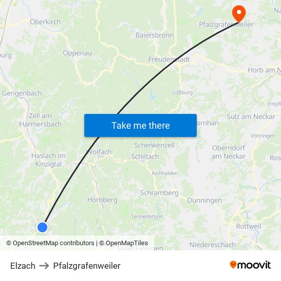 Elzach to Pfalzgrafenweiler map