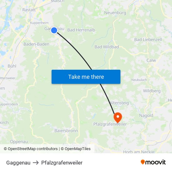 Gaggenau to Pfalzgrafenweiler map