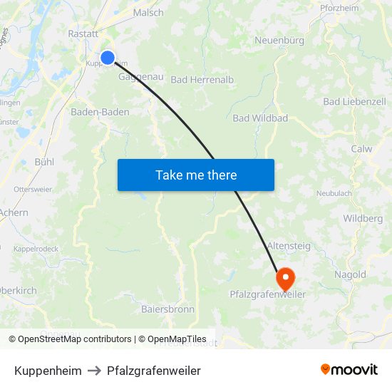 Kuppenheim to Pfalzgrafenweiler map