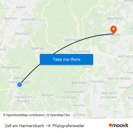 Zell am Harmersbach to Pfalzgrafenweiler map