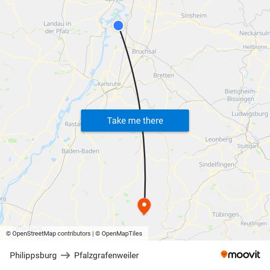 Philippsburg to Pfalzgrafenweiler map