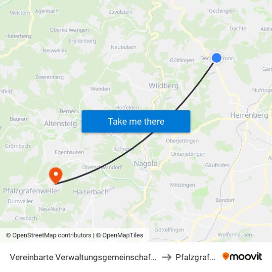 Vereinbarte Verwaltungsgemeinschaft Der Stadt Herrenberg to Pfalzgrafenweiler map