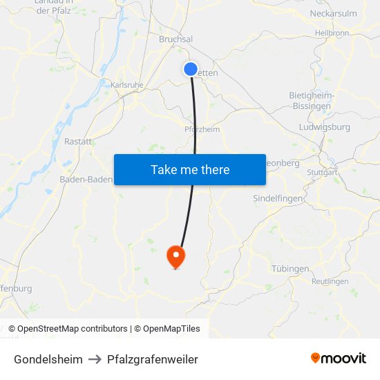 Gondelsheim to Pfalzgrafenweiler map