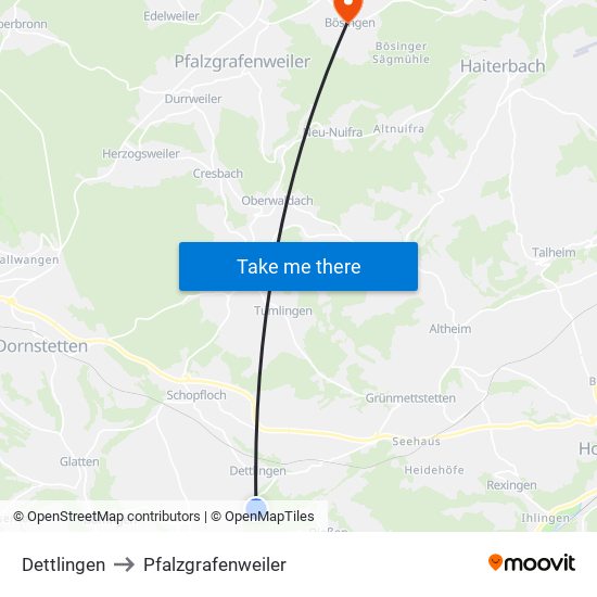 Dettlingen to Pfalzgrafenweiler map