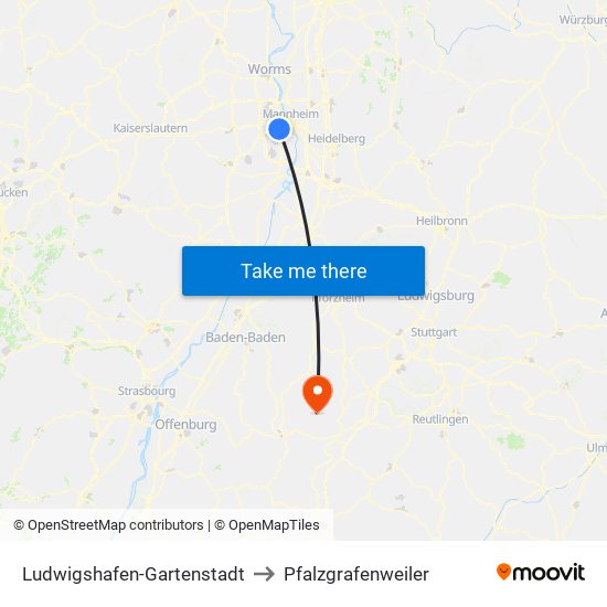 Ludwigshafen-Gartenstadt to Pfalzgrafenweiler map