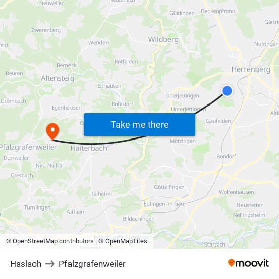 Haslach to Pfalzgrafenweiler map