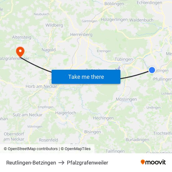 Reutlingen-Betzingen to Pfalzgrafenweiler map