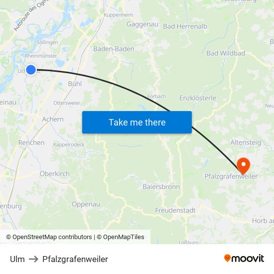 Ulm to Pfalzgrafenweiler map