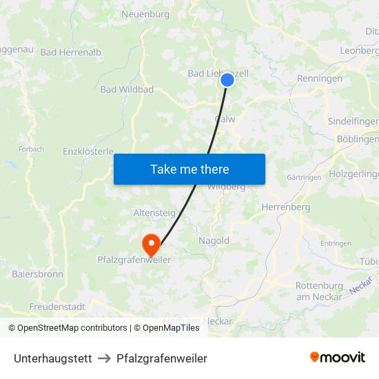 Unterhaugstett to Pfalzgrafenweiler map
