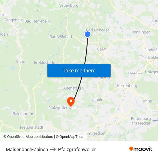 Maisenbach-Zainen to Pfalzgrafenweiler map